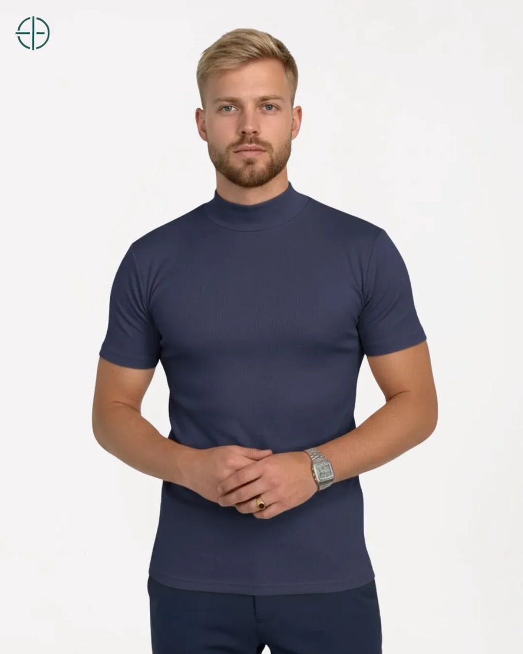 Camisa Masculina Canelada Gola Alta Azul | Rest Money™