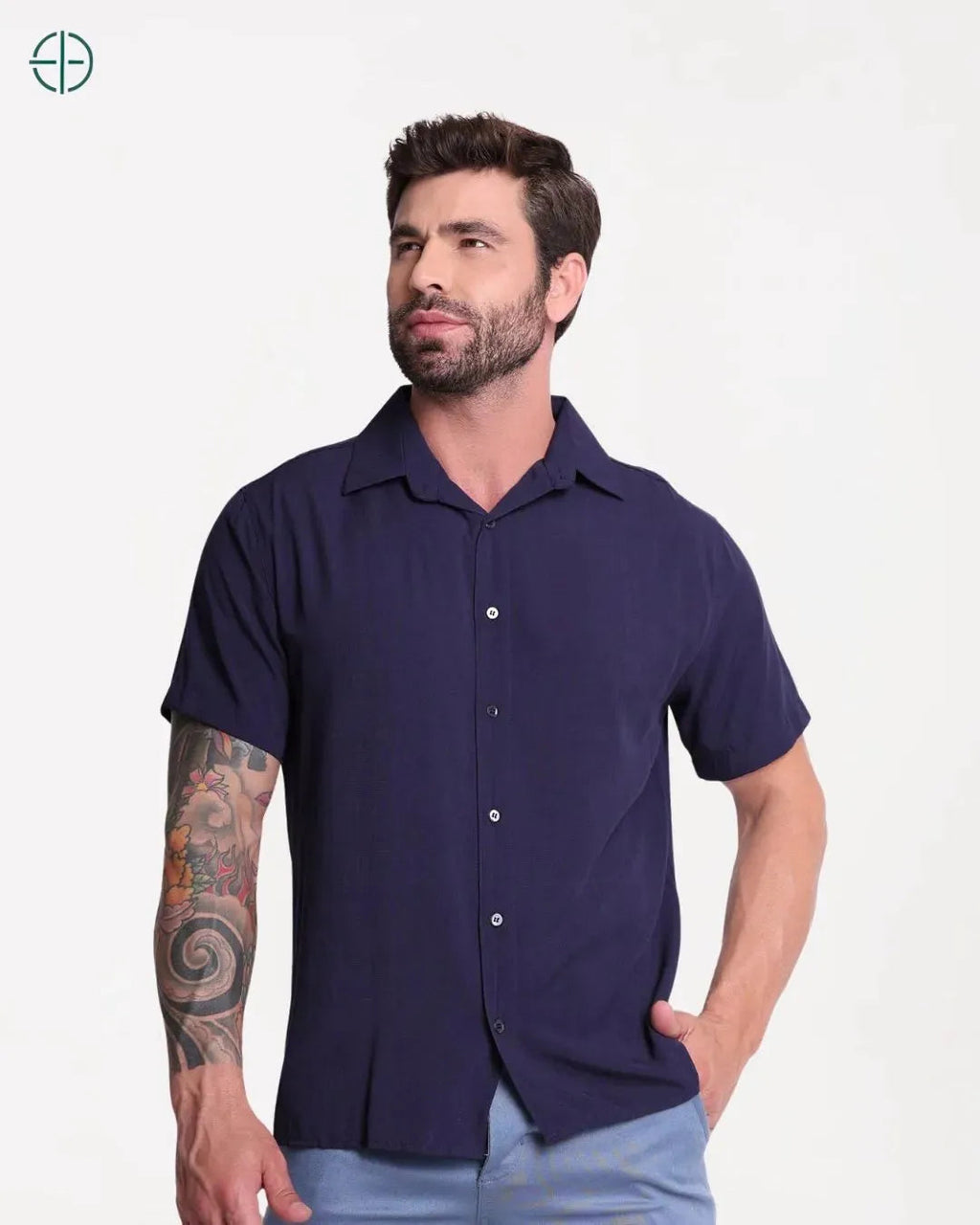 Camisa 100% Viscolinho Masculina Manga Curta Azul | Rest Money™